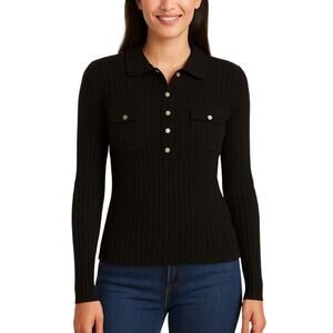 J. McLaughlin Ribbed Collared Sweater Top Stretchy In Black Gold Size Large